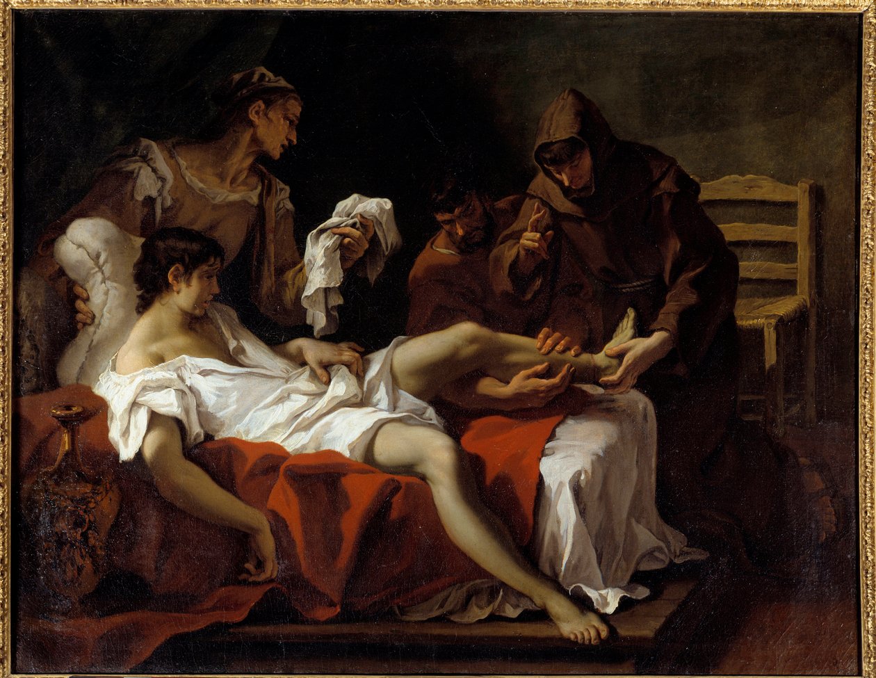 Den hellige Antonius av Padua (san antonio di padova) i krig mot en ung mann som hadde forsterket foten for å straffe seg selv for å ha slått moren sin Maleri av Sebastiano Ricci (1659-1734) av Sebastiano Ricci