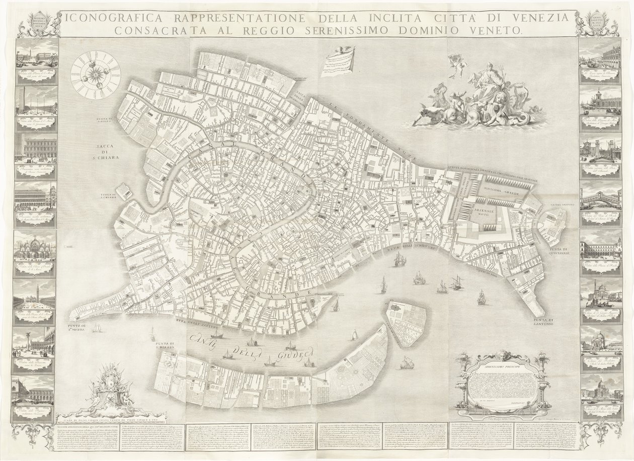 Ikonografisk representasjon av den illustrerte byen Venezia av Sebastiano Ricci, Lodovico Ughi, Giovanni Antonio Faldoni for the map, with Francesco Zucchi