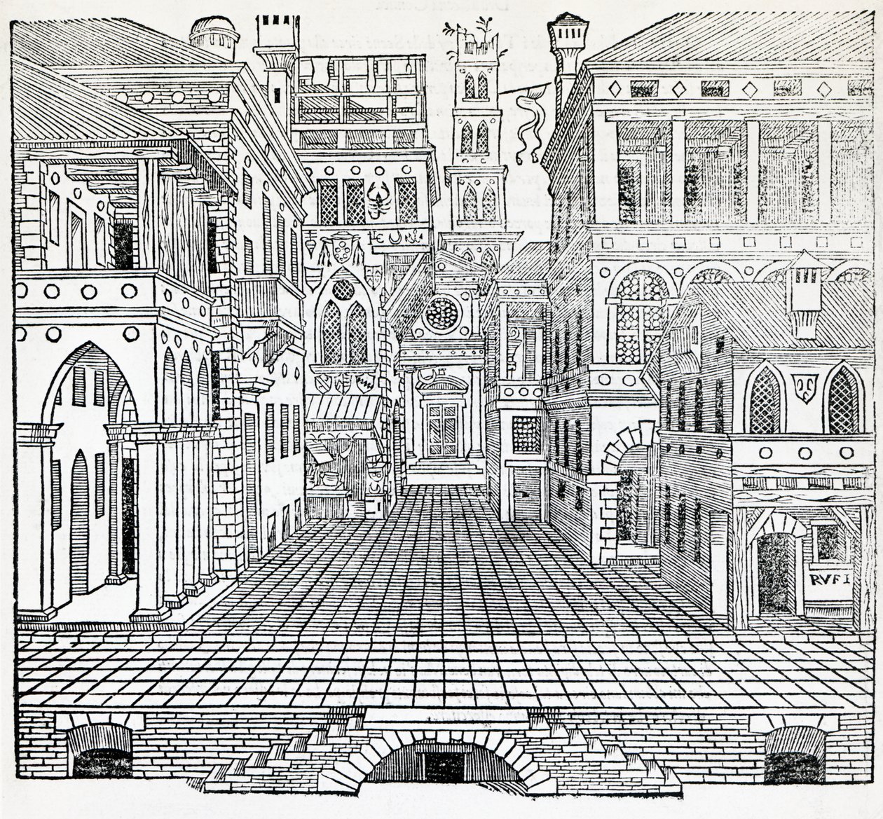 Magisk scene, teatralsk scenedesign av Sebastiano Serlio (1475-1554), illustrasjon fra Treatise on Architecture, bok II av Sebastiano Serlio