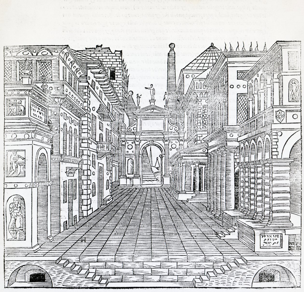 Magisk scene, teatralsk scenedesign av Sebastiano Serlio (1475-1554), illustrasjon fra Treatise on Architecture, bok II av Sebastiano Serlio