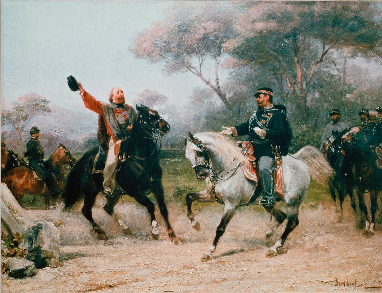Giuseppe Garibaldi (1807-1882) møter Vittorio Emanuele II (Victor Emmanuel) (Victor-Emmanuel) fra Savoy til Teano den 26.10.1860 Maleri av Sebastiano De Albertis (1828-1897) 1800-tallets Milano, Museo del Risorgimento av Sebastiano de Albertis
