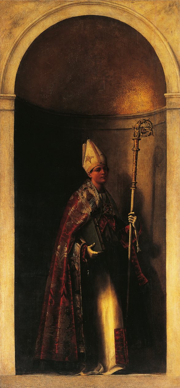 Saint Louis av Toulouse, dekorasjon fra orgeldør, ca 1509, av Sebastiano del Piombo (ca 1485-1547), olje på lerret, 293x137 cm, San Bartolomeo-kirken, Venezia, Italia av Sebastiano del (c.1485 1547) Piombo