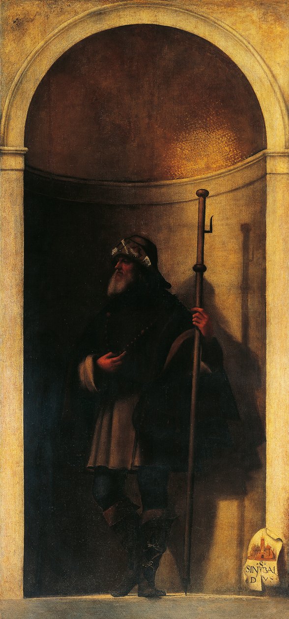 St Sinibald, dekorasjon fra orgeldør, ca 1509, av Sebastiano del Piombo (ca 1485-1547), olje på lerret, 293x137 cm, San Bartolomeo-kirken, Venezia, Italia av Sebastiano del (c.1485 1547) Piombo