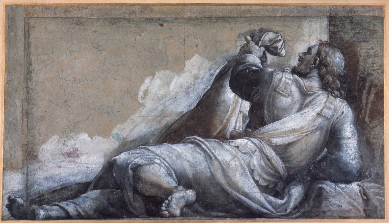 En liggende apostel (svart kritt med brun vask på carta azzurra) av Sebastiano del (c.1485 1547) Piombo