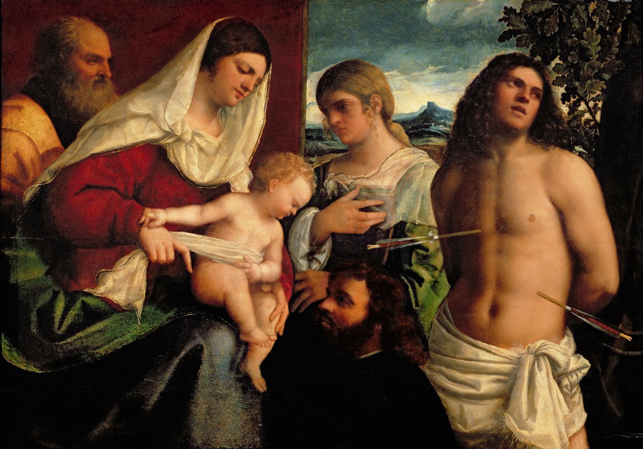 Sacra-samtale med SS. Catherine, Sebastian og Holy Family av Sebastiano del Piombo