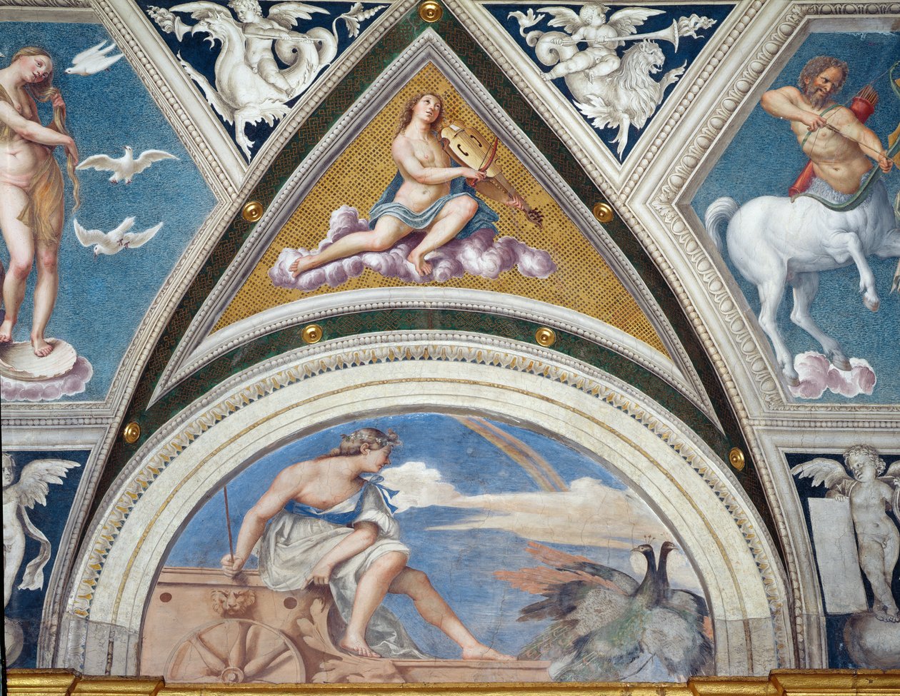 Loggia della Galatea Loggia of the Galatea detalj av hvelvdekorasjon som viser Juno på vognen hennes og en fiolinist, freskomaleri fra 1506 av Sebastiano del Piombo