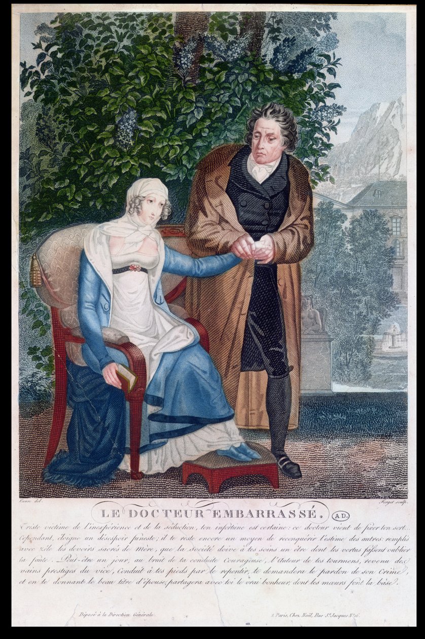 Den flaue legen eller legen med en gravid ung jente, tidlig på 1800-tallet (farget litho) av Sebastien Coeure