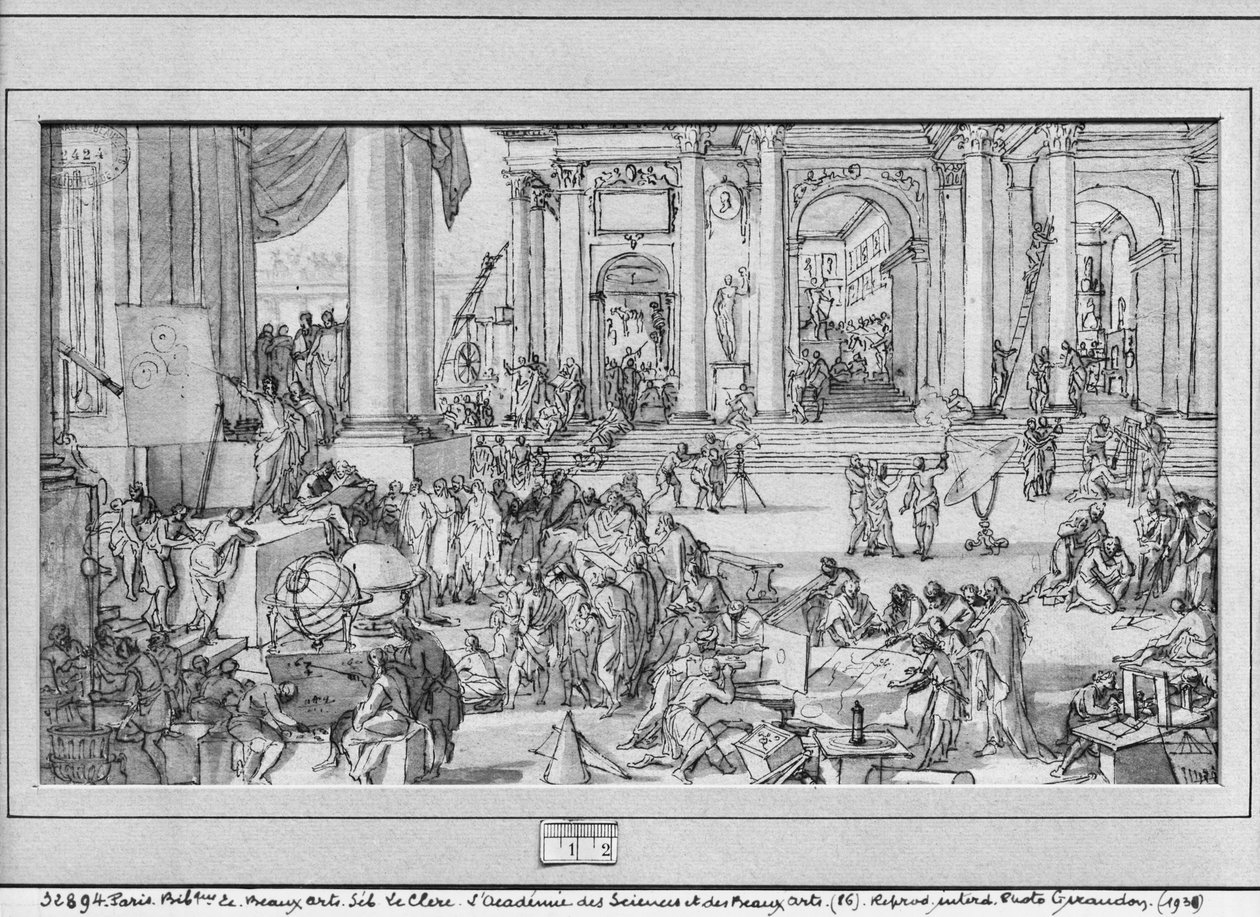 Akademiet for vitenskap og kunst (penn og blekk og vask på papir) av Sebastien I Le Clerc