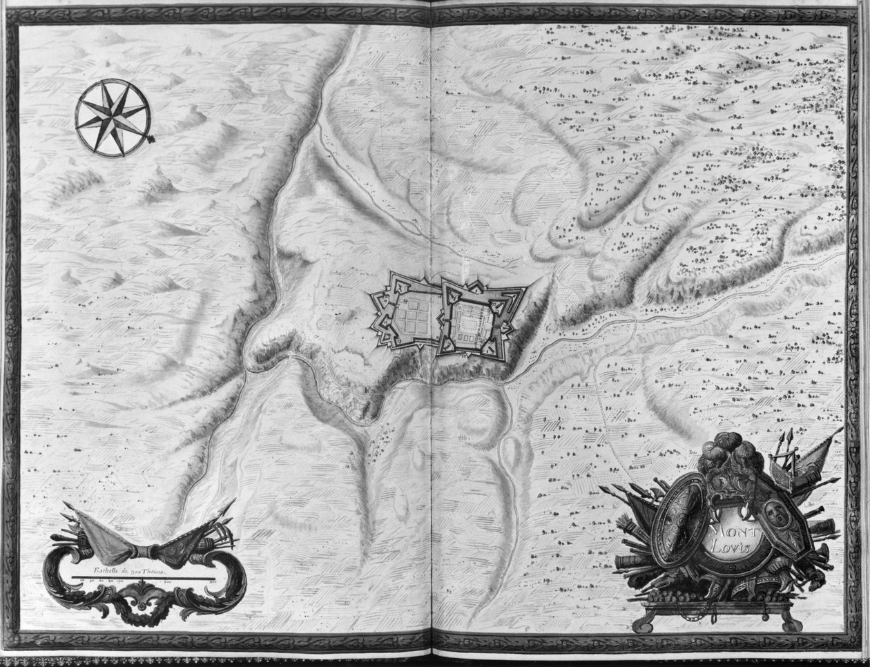 Ms. 986 Atlas 1081 Plan og kart over byen, citadellet og omgivelsene til Mont-Louis, 1665 av Sebastien Le Prestre de Vauban