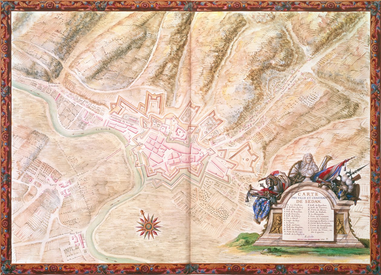 Ms. 988, Vol.3 fol.16 Plan og kart over byen og slottet i Sedan, fra Atlas Louis XIV, 1683-88 av Sebastien Le Prestre de Vauban