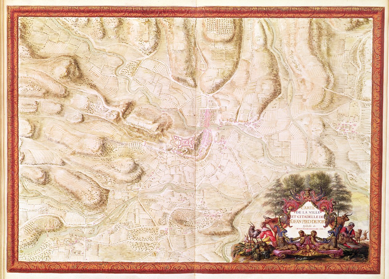 Ms 988 tome 3 fol.49 Plan og kart over Saint-Jean-Pied-de-Port, fra 