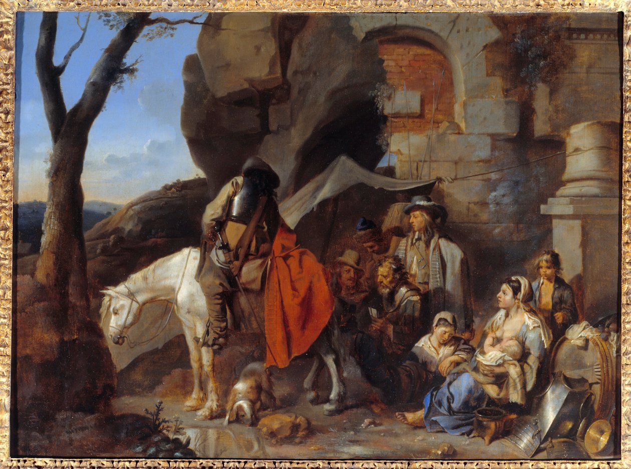 Halt av soldater, tidligere kalt Halte de bohemiens Maleri av Sebastien Bourdon (1616-1671) 1600-tallet Sun. 0,43x0,58 m av Sébastien Bourdon