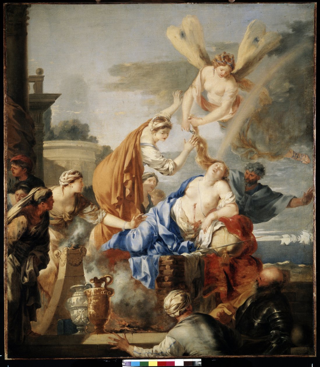 La mort de Dido"" (Didos død) Dido, dronningen av Kartago, som ikke er i stand til å bære forlatelsen av Aeneas, foretrekker å drepe seg selv på bålet med Aeneas sverd. Gudinnen Iris klipper Didos hår med saks, et symbol på passasjen mellom av Sébastien Bourdon