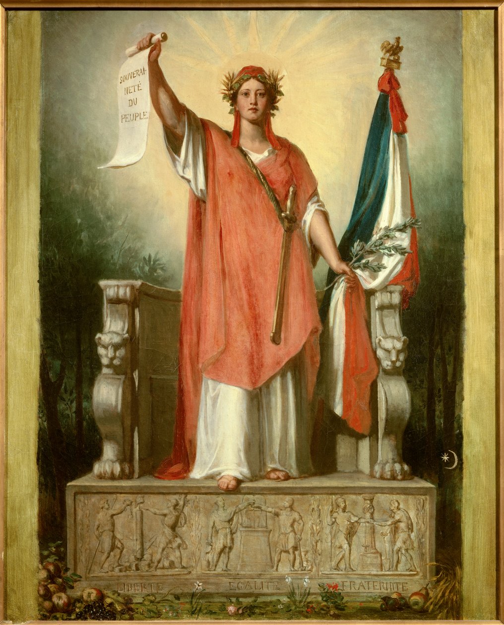 Republikken. Personifisering av republikken (Marianne) som bærer et pergament der det er skrevet "folkets suverenitet"" og tricolor flagget. Maleri av Sebastien Cornu (1804-1870) av Sebastien Melchior Cornu