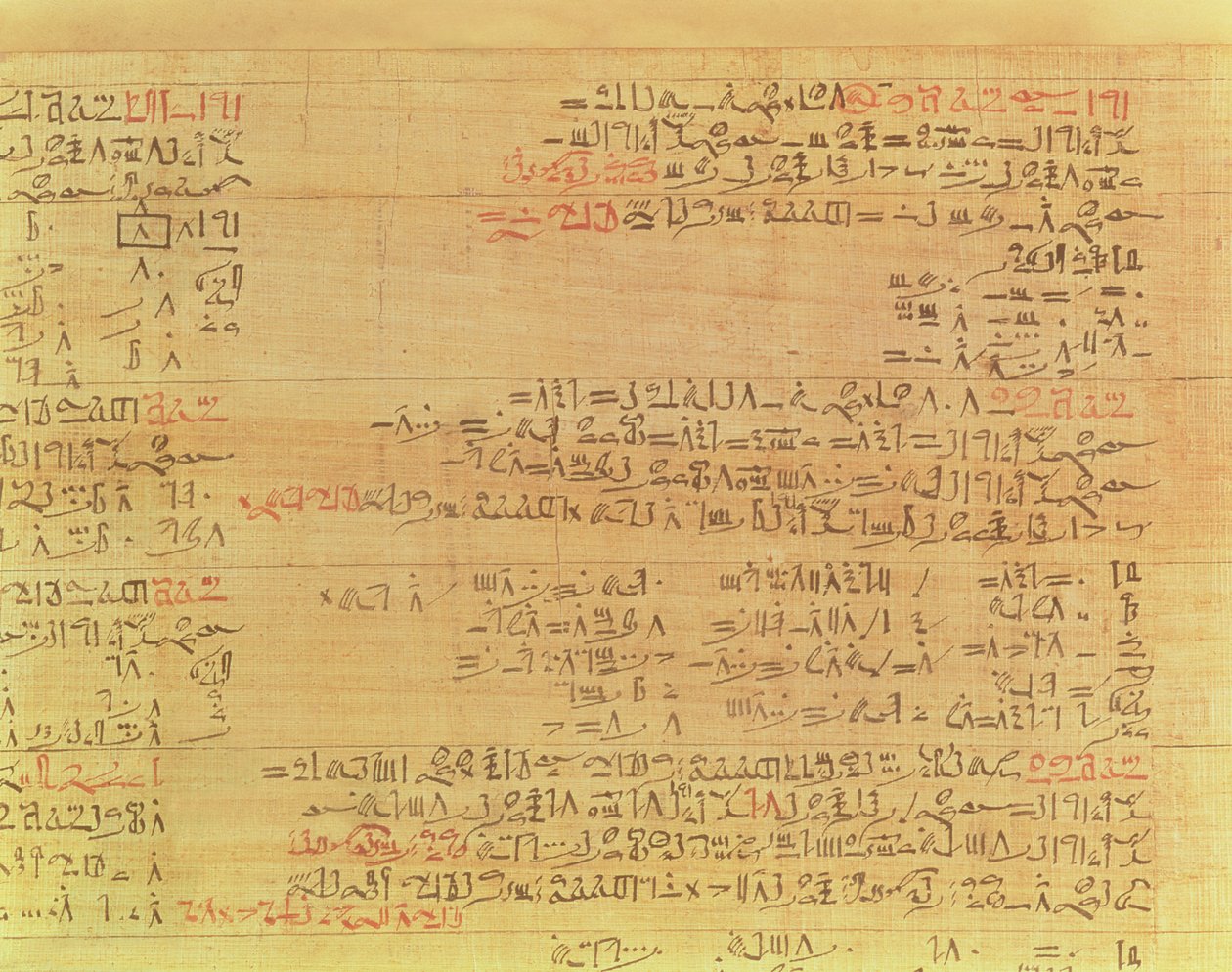 Detalj av Rhind Mathematical Papyrus, Hyksos-perioden, 15. dynasti, ca. 1550 f.Kr. papyrus, se også 9712 av Second Intermediate Period Egyptian