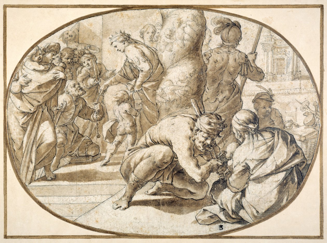 En dronning som deler ut almisser til en forkrøplet tigger i templet i Jerusalem, tidlig på 1600-tallet (penn og brunt blekk med brun vask) av Second School of Fontainebleau