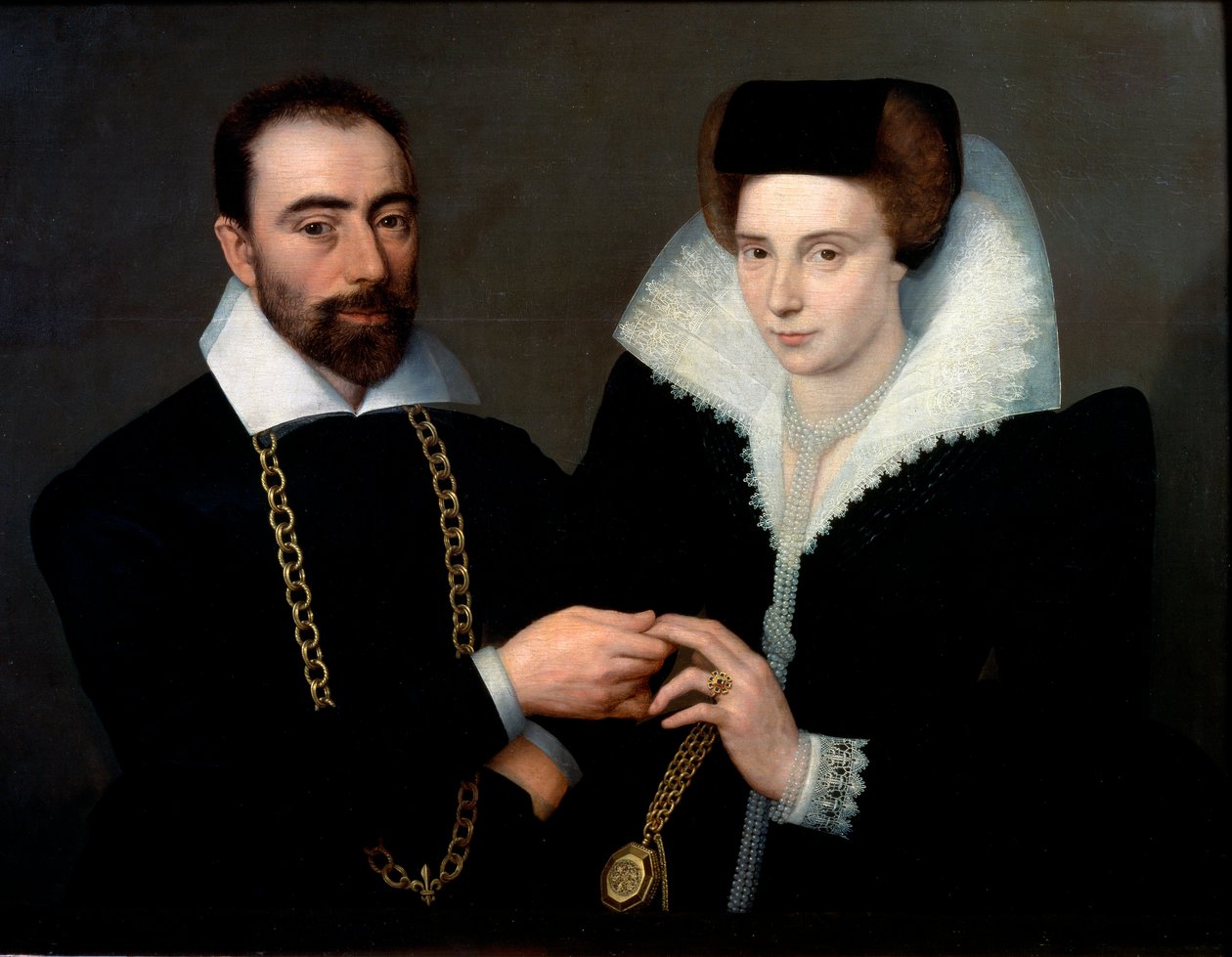 Portrett av et par Begge er iført svart, kvinnen bærer guipurekrage. Maleri av skolen i Fontainebleau av Second School of Fontainebleau