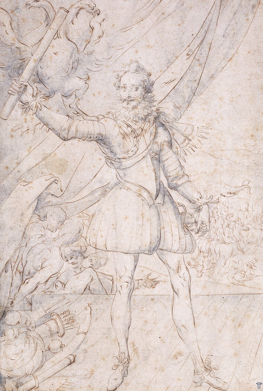 Kong Henry IV, i full lengde, et trofé av de osmanske armene ved hans føtter, løfter en rulle foran en ørn (svart kritt, penn og brunt blekk med blå vask) av Second School of Fountainebleau