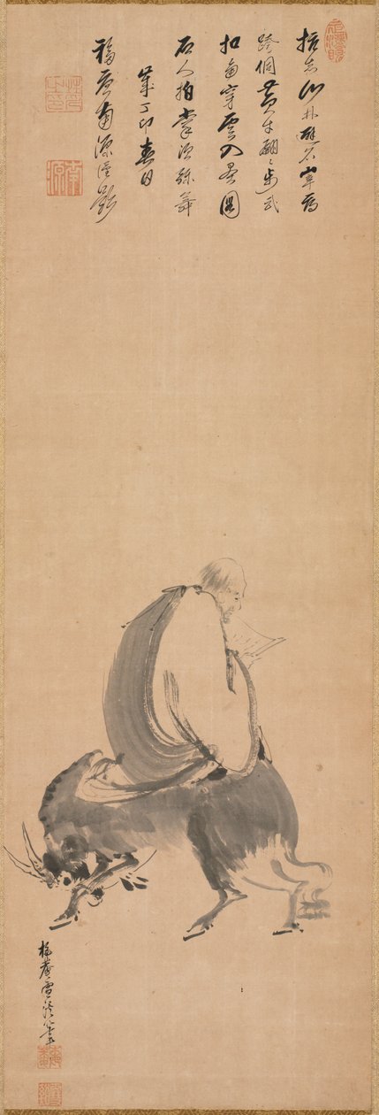 Mann som rir baklengs på en vannbøffel, 1687. av Sekkei Yamaguchi
