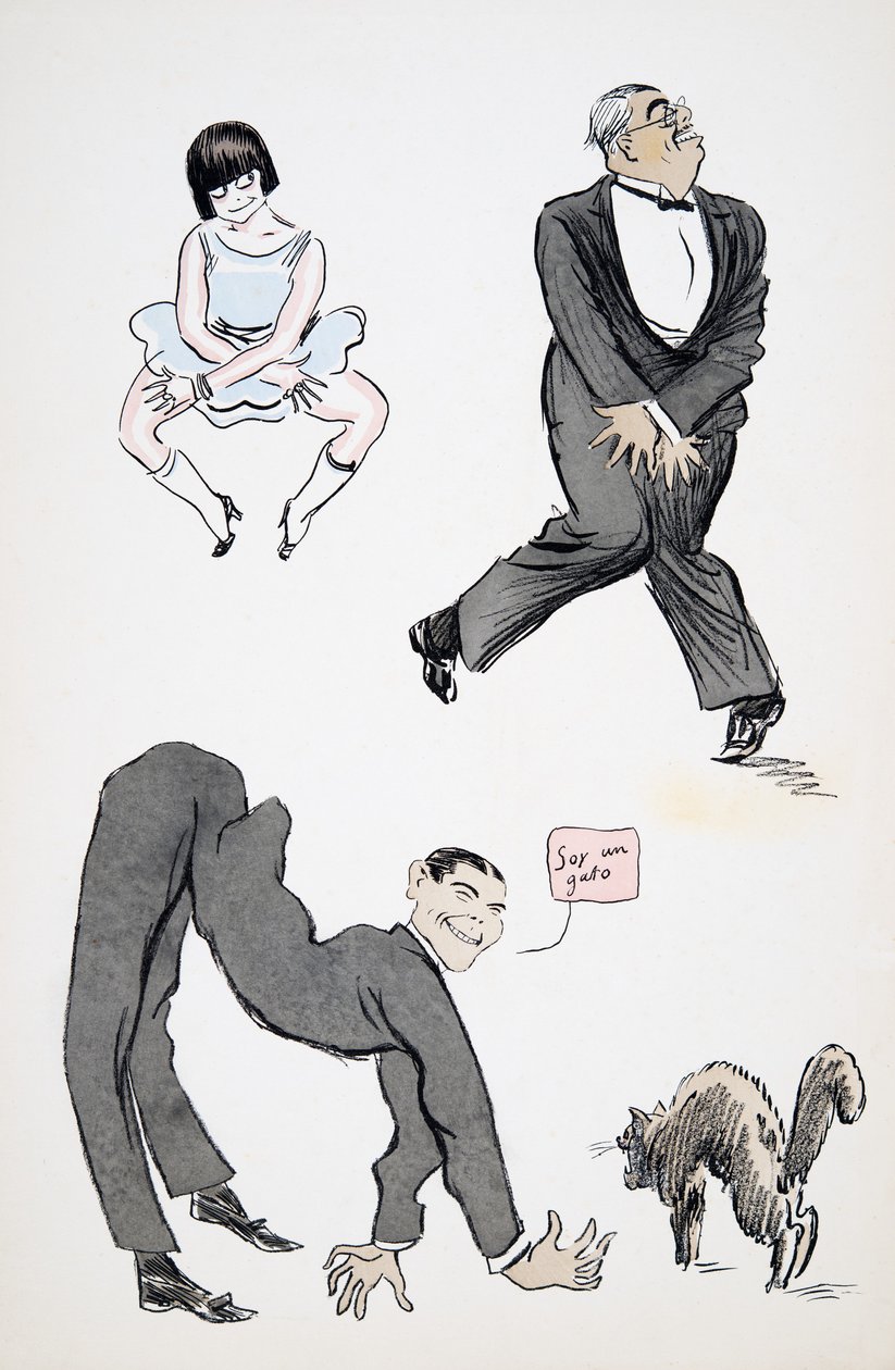 Demonstrasjon av ulike moderne benbevegelser til musikken, fra White Bottoms, pub. 1927 (fargeblokktrykk) av Sem