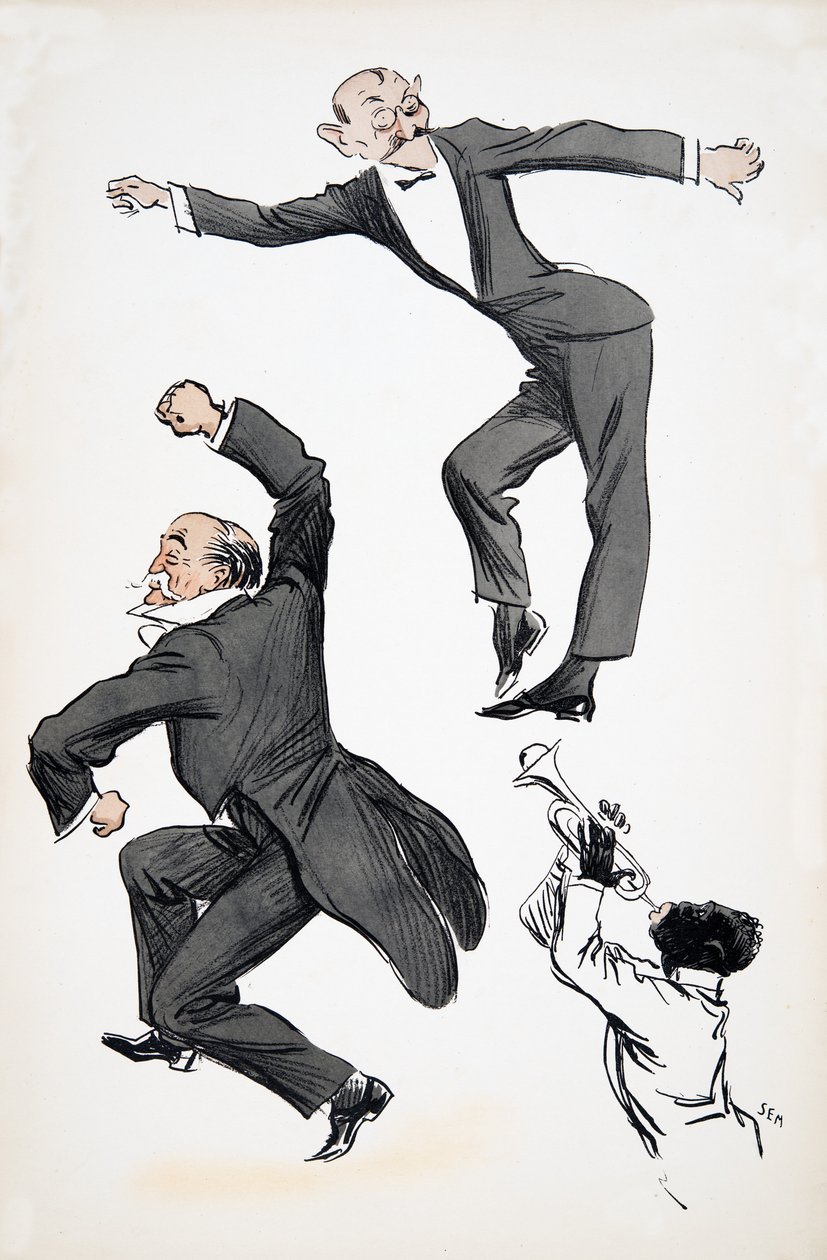 Eldre herre i hale og yngre herre i svart slips danser til en musiker som spiller trompet, fra White Bottoms, pub. 1927 (fargeblokktrykk) av Sem