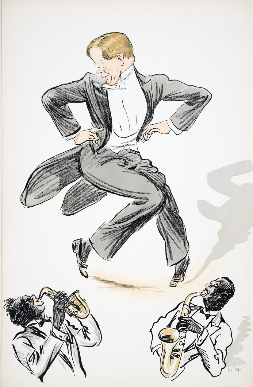 Gentleman i haler og hvitt slips danser til to musikere som spiller saksofon, fra White Bottoms, pub. 1927 (fargeblokktrykk) av Sem