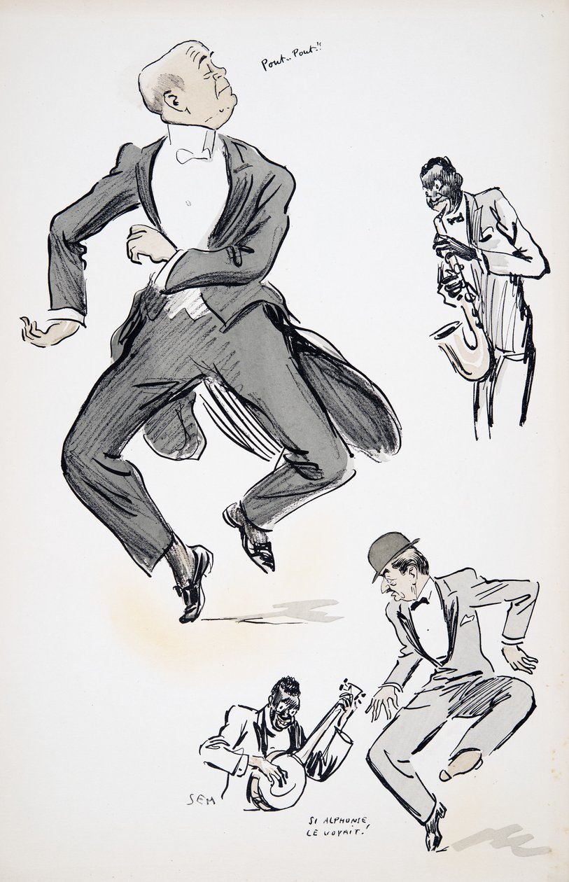 Gentleman i hvitt slips og gentleman i bowlerhatt prøver å danse til jazz, fremført av to musikere som spiller saksofon og banjo, fra White Bottoms, pub. 1927 (fargeblokktrykk) av Sem