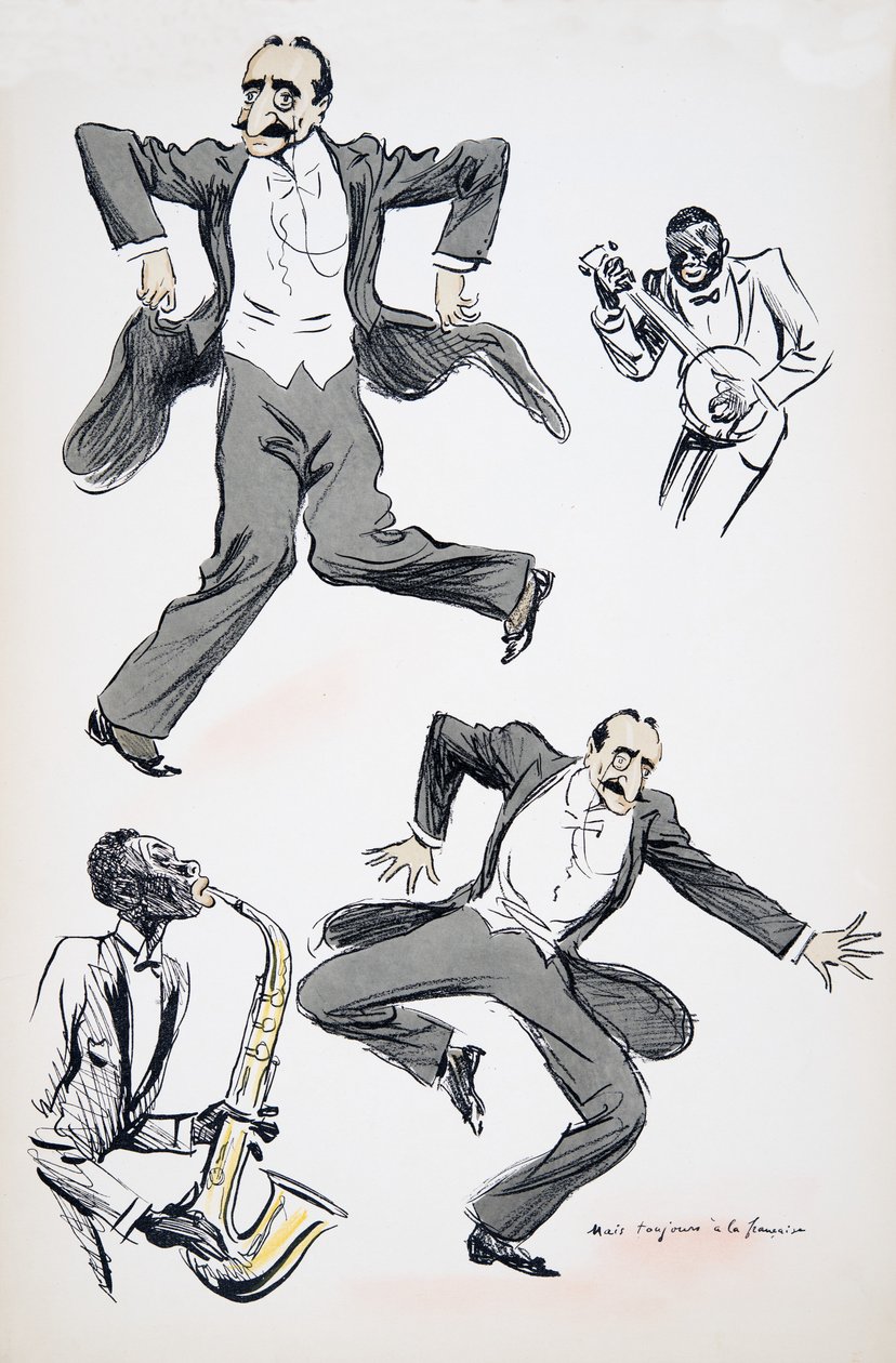 Gentleman i hvitt slips og hale danser mens to musikere spiller saksofon og banjo, fra White Bottoms, pub. 1927 (fargeblokktrykk) av Sem