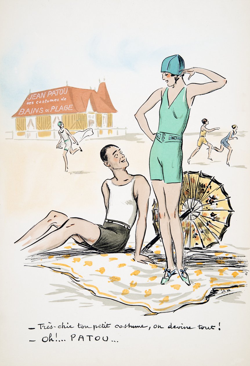 Jean Patou hans bade- eller strandkostymer, fra White Bottoms, pub. 1927 (fargeblokktrykk) av Sem