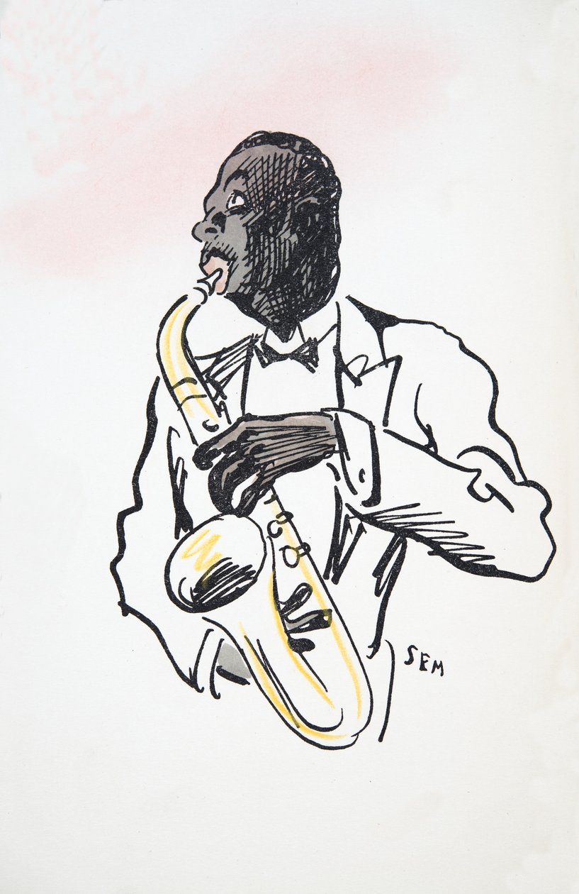 Saksofonspiller, fra White Bottoms, pub. 1927 (fargeblokktrykk) av Sem