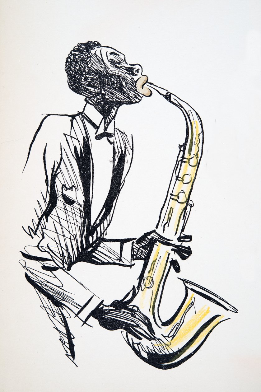 Saksofonspiller, fra White Bottoms, pub. 1927 (fargeblokktrykk) av Sem