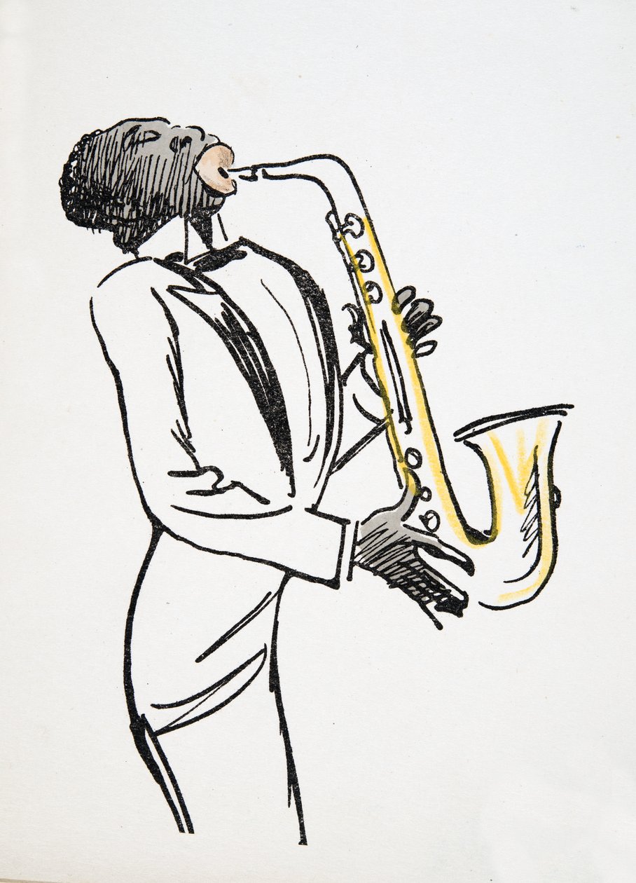 Saksofonspiller, fra White Bottoms, pub. 1927 (fargeblokktrykk) av Sem