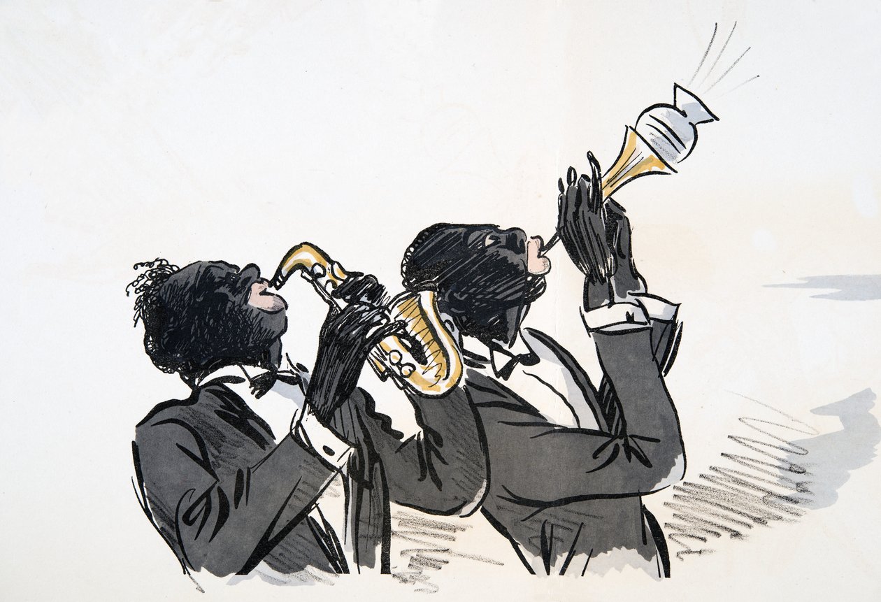 Saksofon og trompetspiller, fra White Bottoms, pub. 1927 (fargeblokktrykk) av Sem