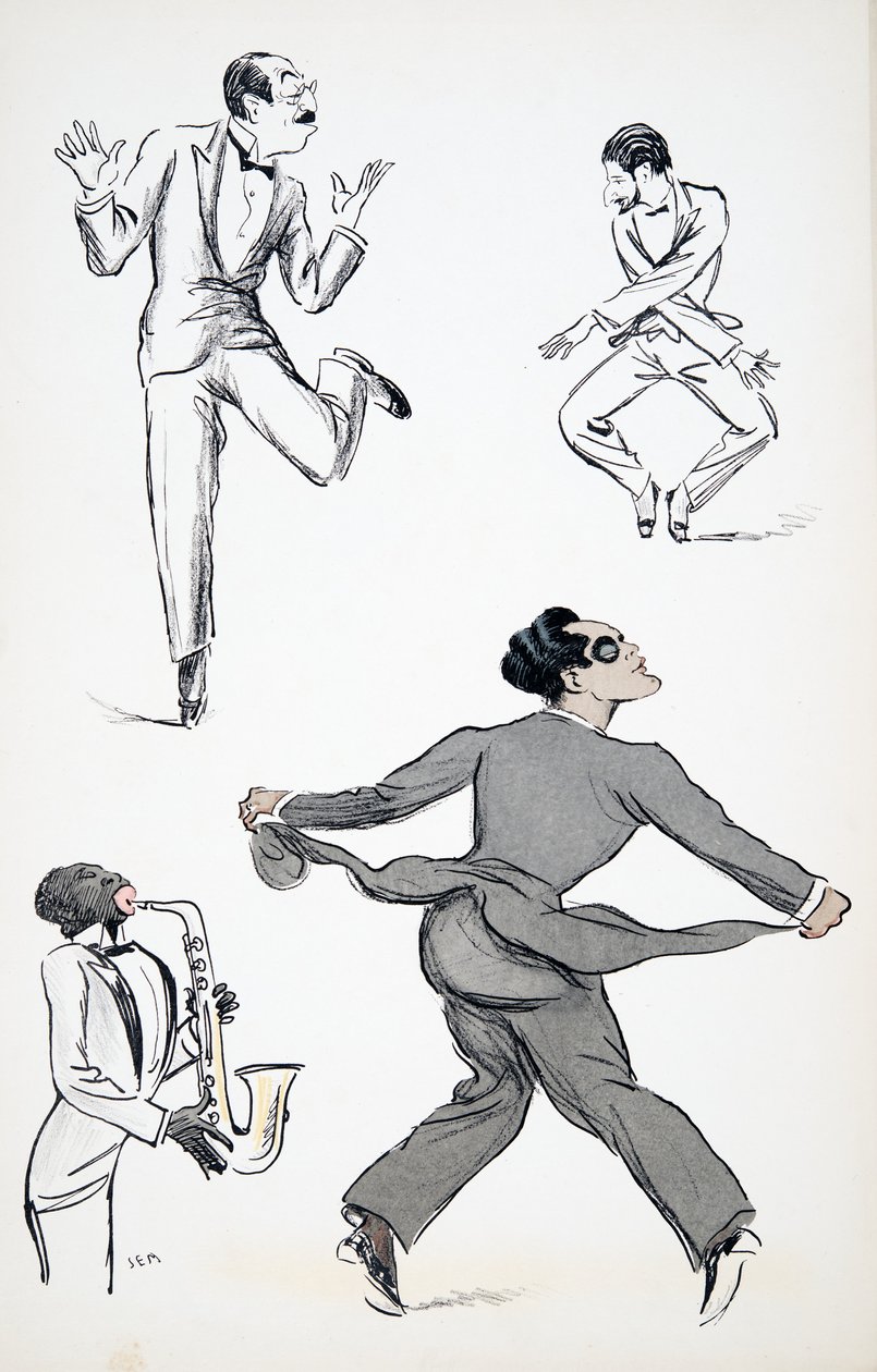 Tre herrer i Black Tie utfører trekk fra Charleston til en saksofon, fra White Bottoms, pub. 1927 (fargeblokktrykk), fra White Bottoms, pub. 1927 (fargeblokktrykk) av Sem