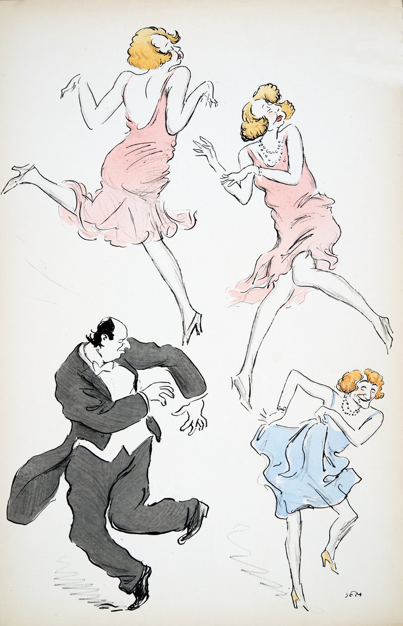 Tre illustrasjoner av transvestitter i blå og rosa kjoler som danser med en større herre i hvitt slips og haler, fra White Bottoms, pub. 1927 (fargeblokktrykk) av Sem