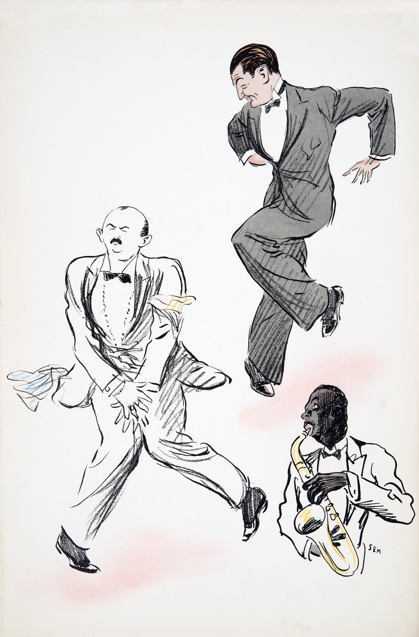 To herrer i svart slips som danser til jazz, spilt av en musiker på saksofon, fra White Bottoms, pub. 1927 (fargeblokktrykk) av Sem