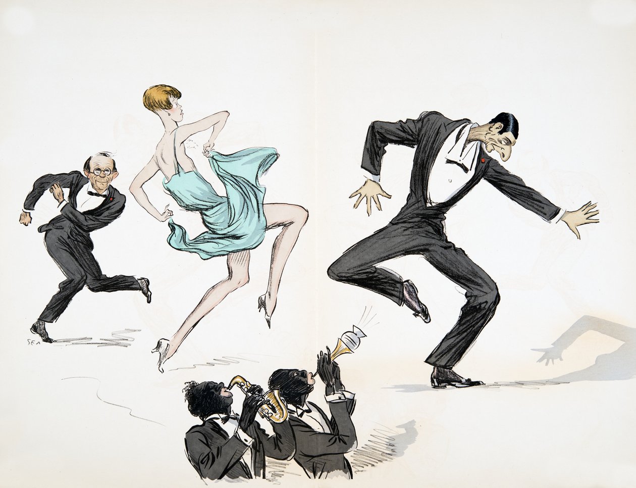 To menn i svart slips og kvinne i knallblå kjole danser til to musikere som spiller jazz på messinginstrumenter, fra White Bottoms, pub. 1927 (fargeblokktrykk) av Sem