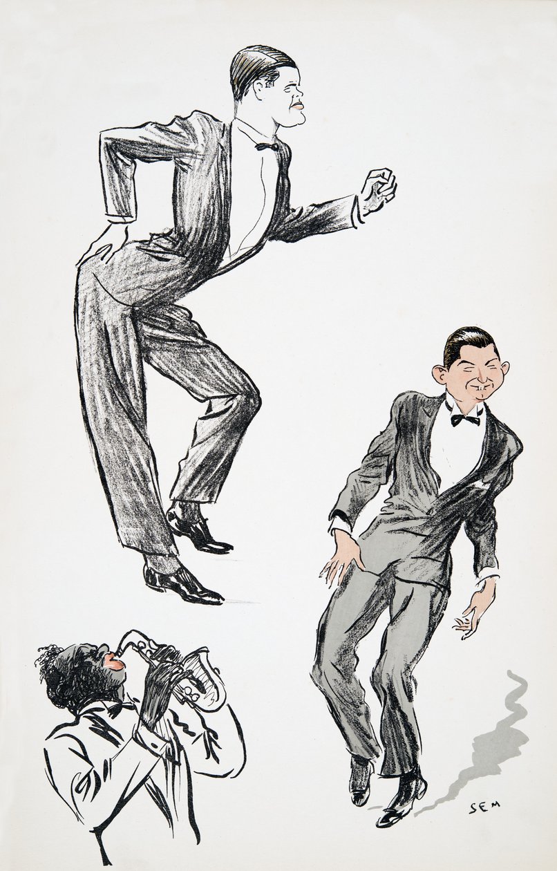 To menn i svart slips danser til en musiker på saksofon, fra White Bottoms, pub. 1927 (fargeblokktrykk) av Sem