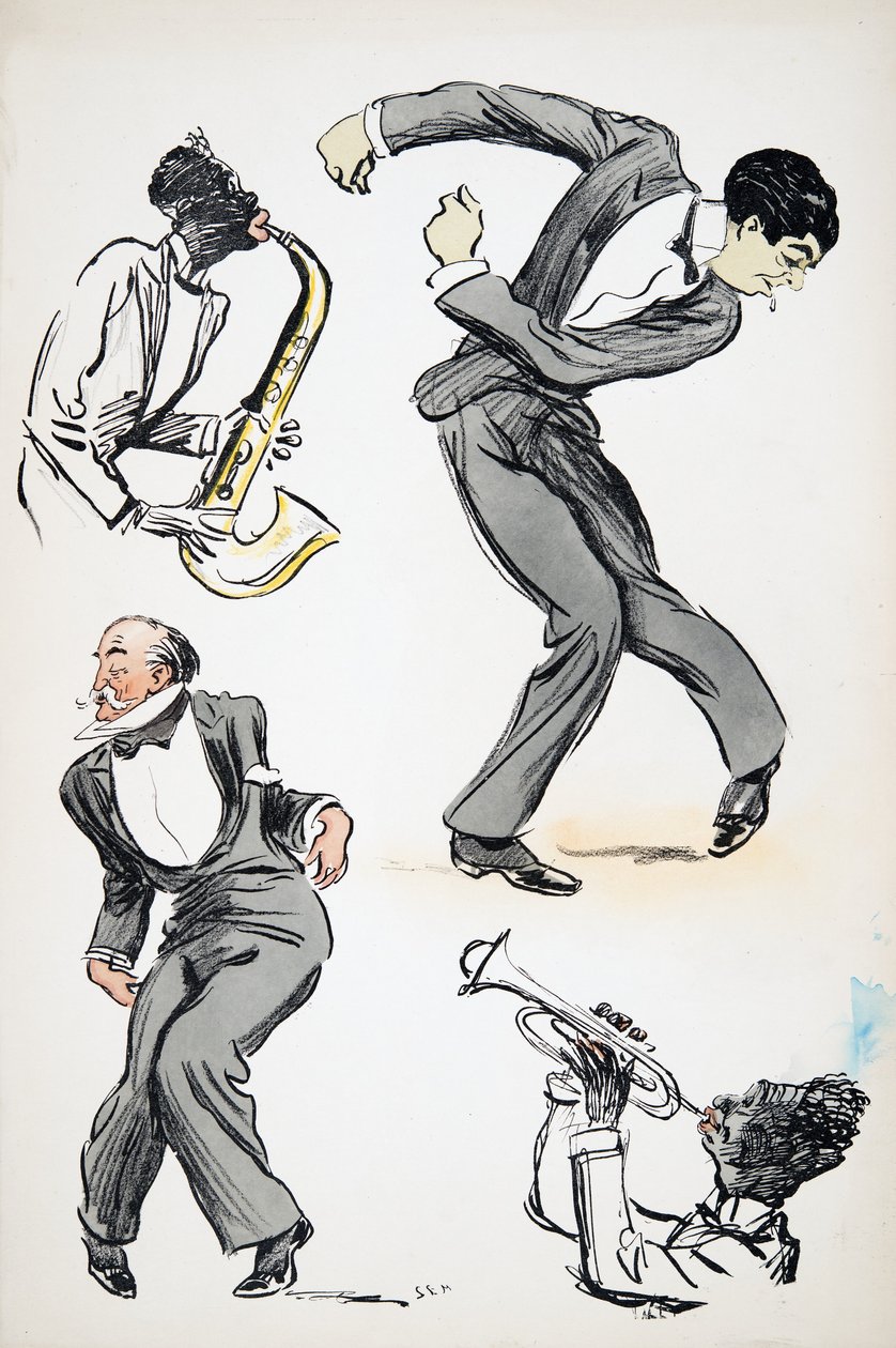 To menn i dress danser mens to musikere spiller saksofon og trompet, fra White Bottoms, pub. 1927 (fargeblokktrykk) av Sem
