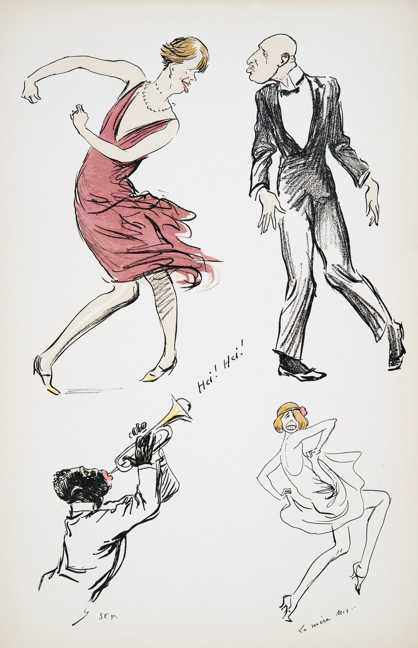 To transvestitter og mann i svart slips som danser til en saksofon, fra White Bottoms, pub. 1927 (fargeblokktrykk) av Sem