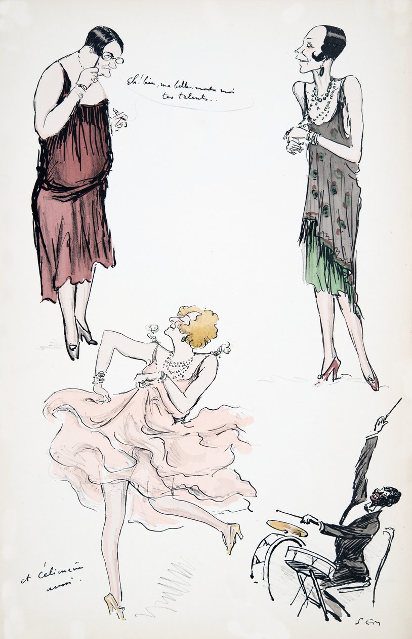 To transvestitter i diskusjon mens en videre danser til en musiker på trommene, fra White Bottoms, pub. 1927 (fargeblokktrykk) av Sem
