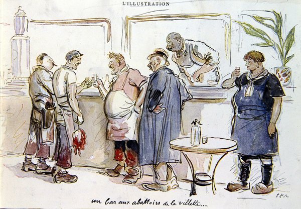 En bar på Abattoirs de la Villette, ca. 1925-30 (farge litho) av Sem