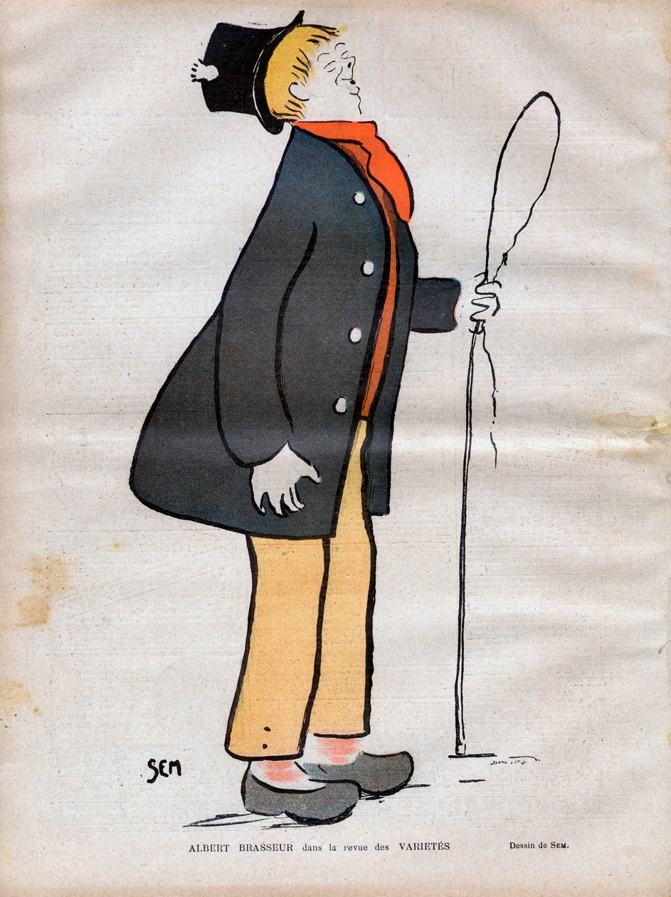 Albert Jules Dumont (1862-1932) dette Albert Brasseur, skuespiller for boulevardteater og operette i journalen Varietes - Caricature av SEM (Georges Goursat) (1863-1934) i "" Le rire de 1902 - av Sem