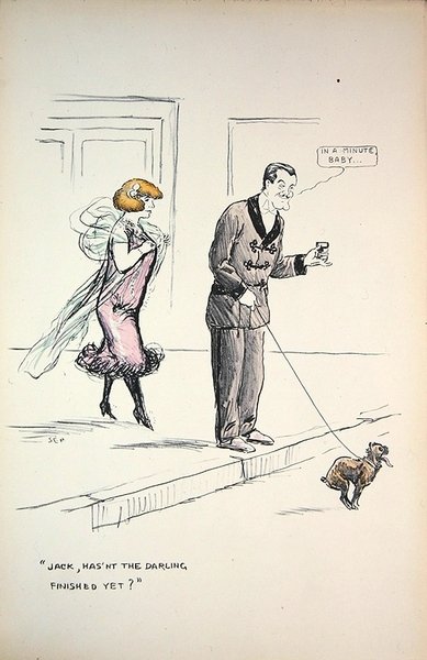 Par som venter på at en hund skal fullføre virksomheten sin, ca. 1921 (farge litho) av Sem