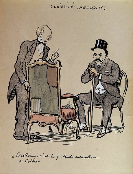 Rich Art Collector inspiserer en stol som angivelig eies av Colbert. ca. 1919 (farge litho) av Sem