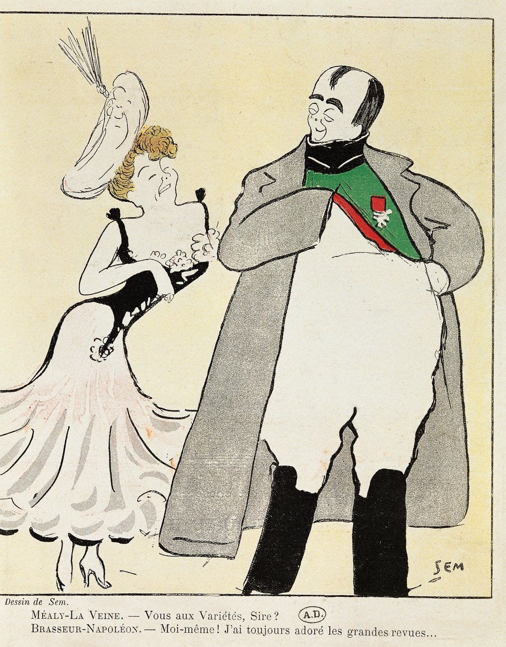 Skuespiller Albert Bresseur 1901 (1862-1932) i rollen som Napoleon i Madame Sans-Gene, av Victorien Sardou (1831-1908), karikatur fra 1893 (illustrasjon) av Sem