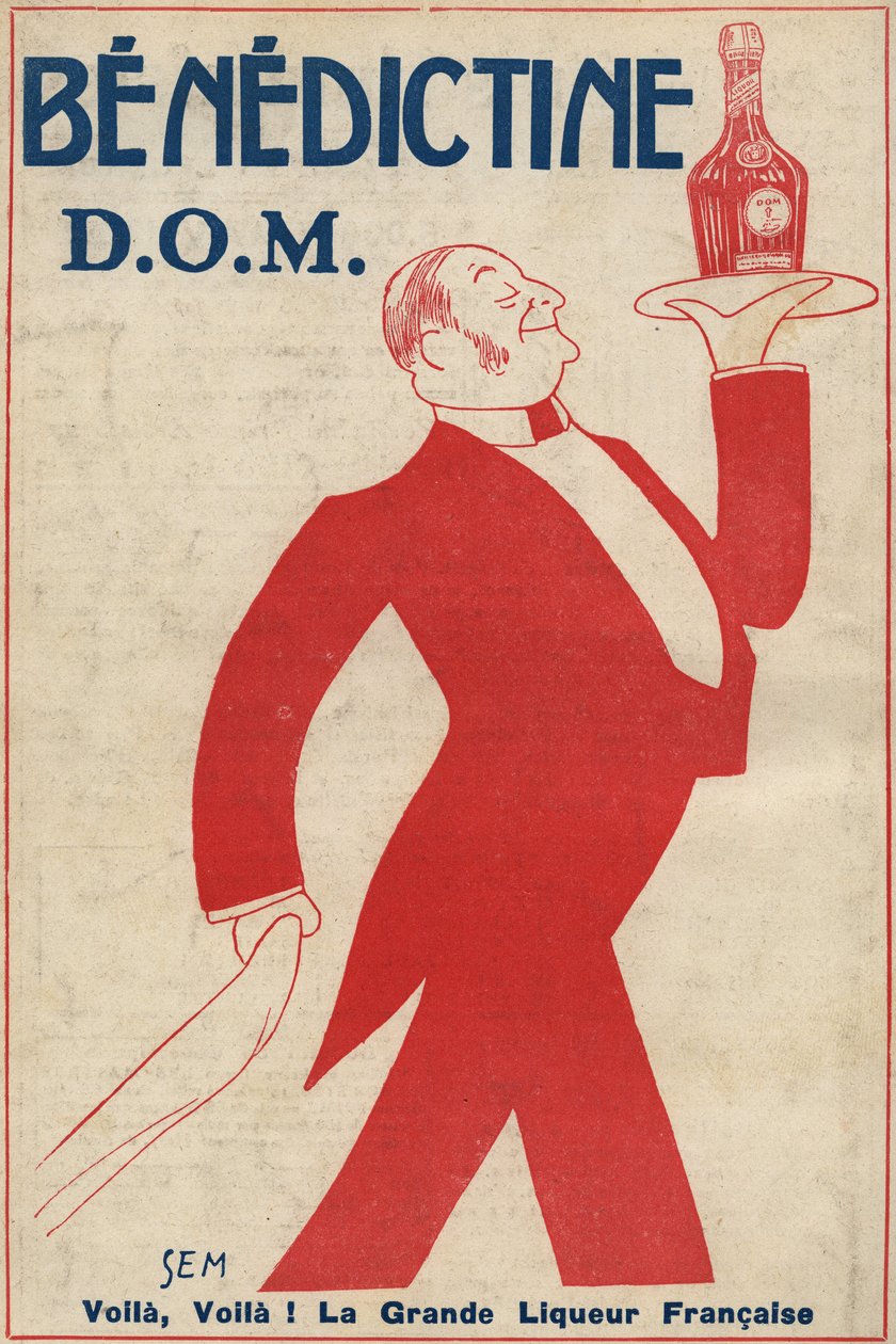 Reklame for fordøyelsessystemet (likør) "" Benedictine"" (D.O.M.) En kaffegutt bærer en flaske på et brett. Tegning av Sem (1873-1932). 1911. av Sem