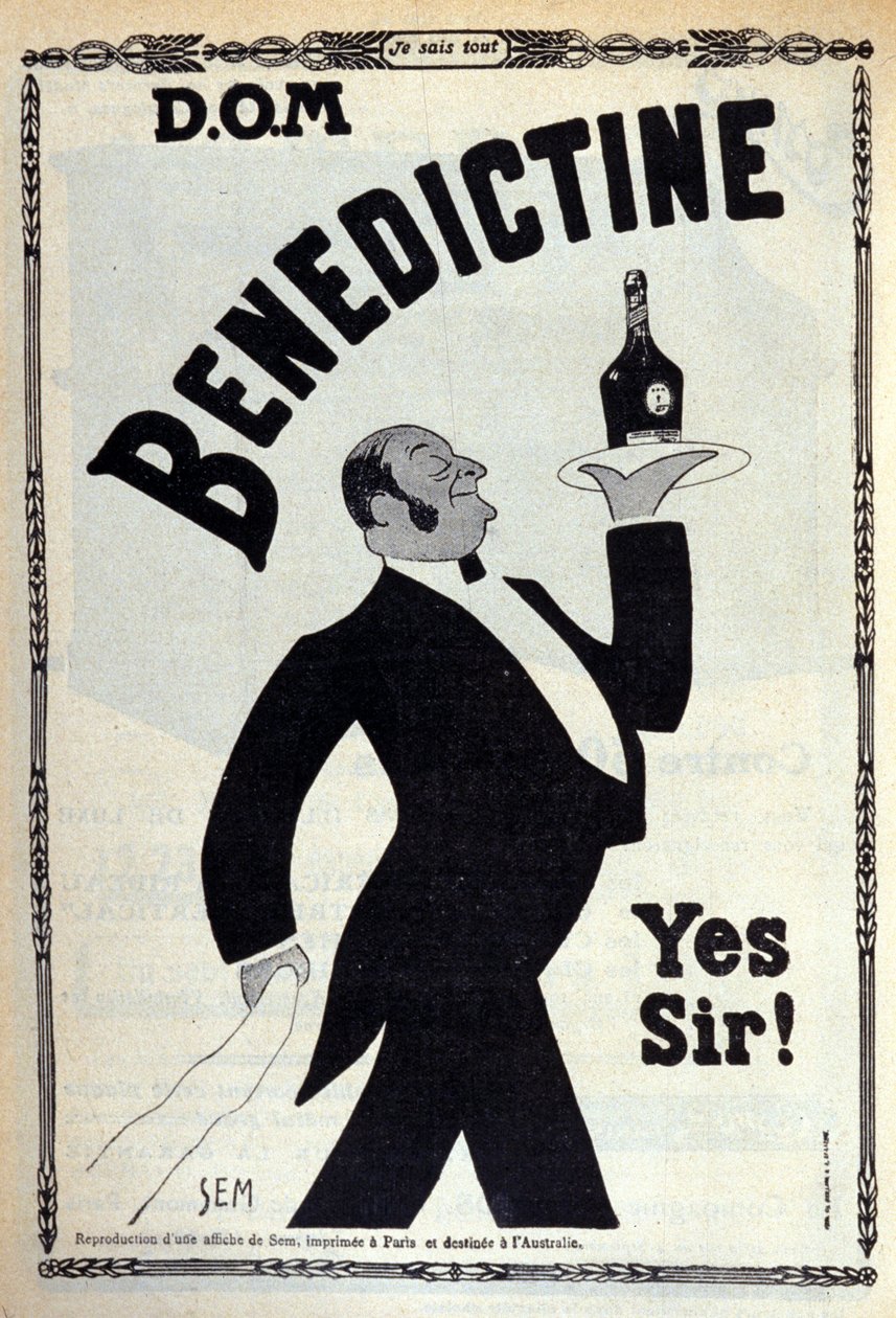 Reklame for fordøyelsessystemet "" Benedictine"" En kaffegutt bærer en flaske på et brett. Tegning av Sem (1873-1932). 1910 av Sem