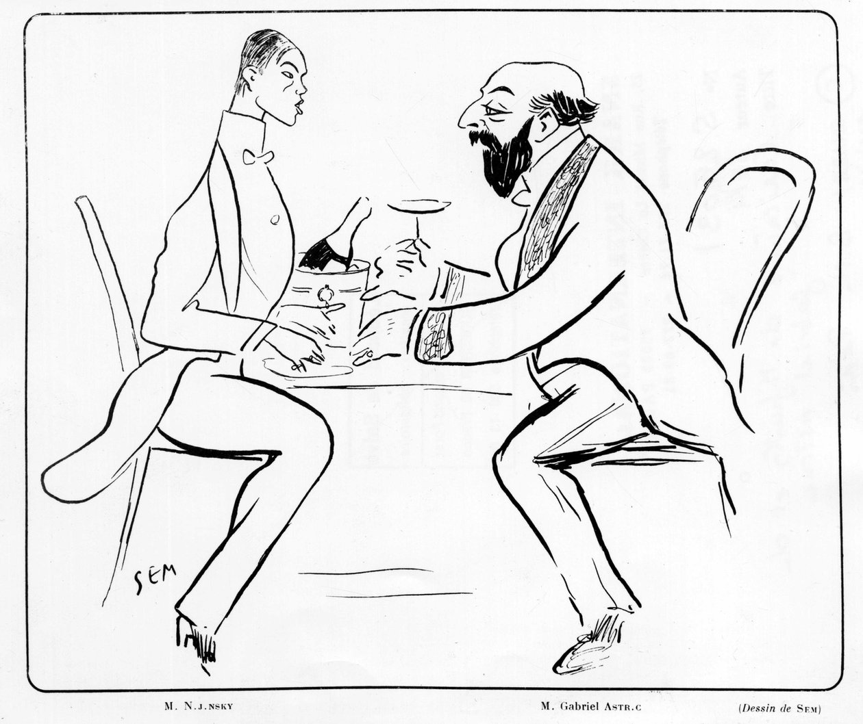 Tegneserie av Nijuisky og Gabriel Astri på kafé, tegning av Sem (1863 - 1934). av Sem