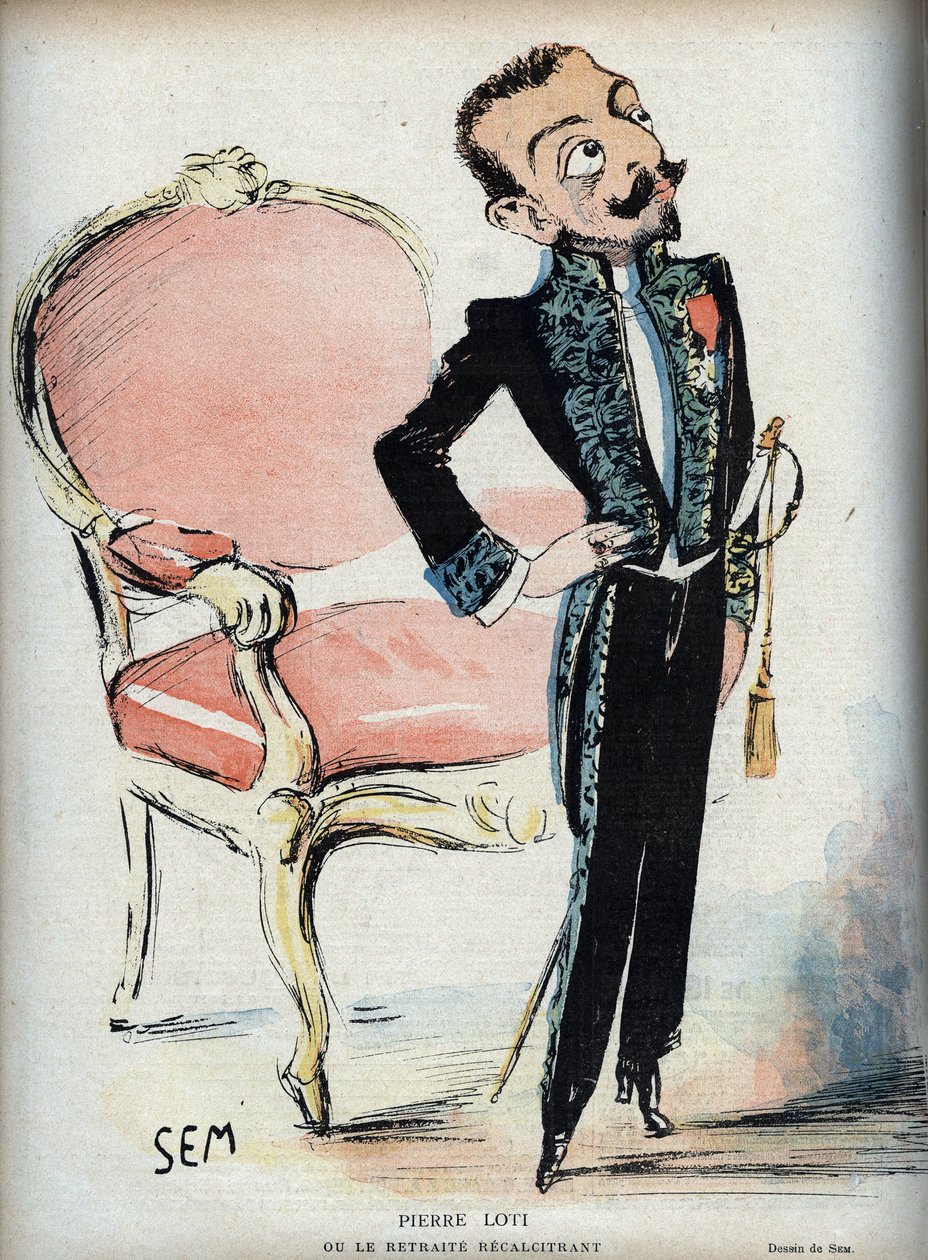 Pierre Loti (1850-1923) or the recalcitrant retreat - (in green dress of the French Academy) - Caricature by SEM (Georges Goursat) (1863-1934) in “” Le rire de 1898 - av Sem